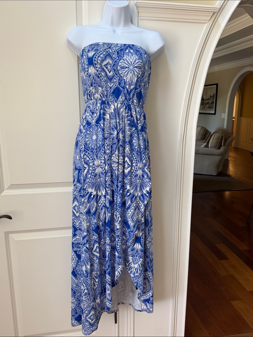 Felicity & Coco Royal Blue and White Printed Strapless Dress